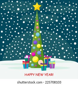Winter holidays card. New year or christmas time card theme. Snowy sky, spruce and gifts. Handmade illustration for design winter holiday card, new year invitation, christmas poster, album etc.  