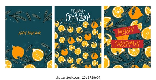 Winter holidays card set. Orange fruits and Christmas tree branches Vector and hand drawn lettering illustrations. Winter Holidays art templates. Fruits design card, invitation, congratulation.