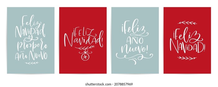 Winter holidays card set in Spanish language. The text on cards means: Merry Christmas, Happy New Year in different translations, written separately and also combined together in one phrase.