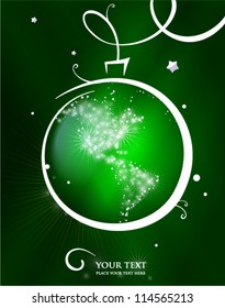 Winter holidays card template. Christmas ball made from map of America.