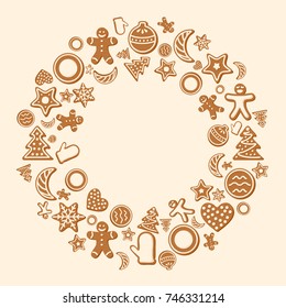 Winter holidays card template with ginger cookies. Vector illustration for Christmas and New Year greeting card, banner, poster, sticker, etc.