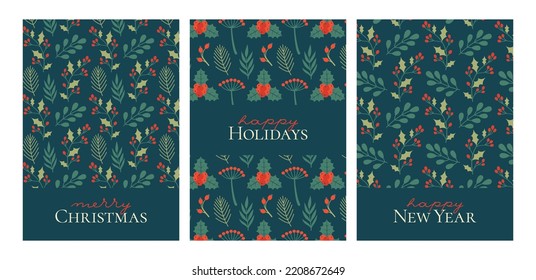 Winter holidays card templates with floral, botanical patterns. Merry Christmas, Happy New Year banners, invitations with flat illustration of plants, mistletoe, holly berry, text, leaves, branches.