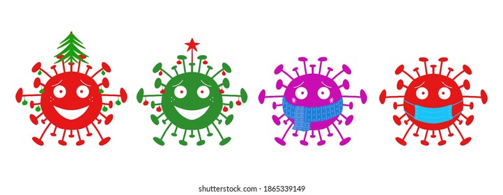 Winter holidays cartoon coronavirus bacterias set on a white background.