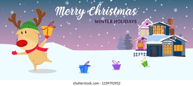 Winter Holidays with cartoon deer poster design. Creative inscription with cartoon deer, cozy houses, gifts and snowy forest. Can be used for postcards, invitations, greeting cards