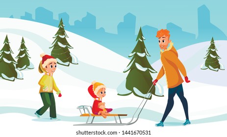 Winter Holidays. Cartoon Father Son Daughter. Family Together Outdoors Vector Illustration. Girl Ride Sledge Boy Walk. Man Children in City Park. Snow Landscape. Christmas Xmas New Year Card