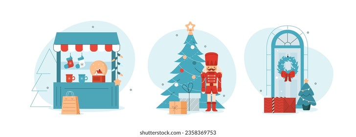 Winter holidays celebration concept. Scenes with seasonal souvenir kiosk, decorated Christmas tree, decorations and gifts. Vector illustration