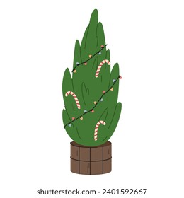Winter holidays celebration concept. Scenes with seasonal decorated Christmas tree, decorations.Greeting Xmas card with Merry Christmas and fur tree decorated with light garland, retro style. AD