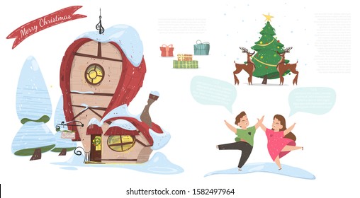 Winter Holidays Celebration Traditions, Merry Christmas Party Cartoon Vector Banner, Poster. Santa Claus House on North Pole, Dancing Happy Children, Gifts, Reindeer, Christmas Tree Illustration
