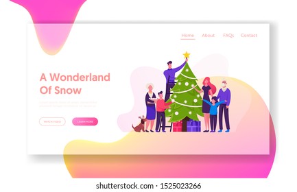 Winter Holidays Celebration Website Landing Page. Big Happy Family Decorate Christmas Tree Together Prepare for Xmas Hanging Balls and Star on Spruce Web Page Banner. Cartoon Flat Vector Illustration