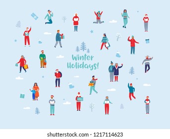 Winter Holidays Characters. Happy People in Different Winter Activities with Shopping Bags and Gifts. Man and Woman in Warm Clothes, Santa Claus. Vector illustration