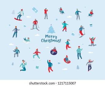 Winter Holidays Characters. Happy People in Different Winter Activities Skiing, Snowboarding, Ice Skating. Man and Woman in Warm Clothes Sport Activity. Vector illustration