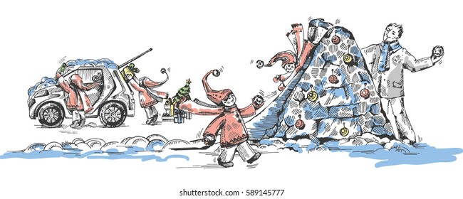 Winter holidays. Child plays with his father in snowball fight. The child slides down the snow mountain. Child loads in the car gifts and new years tree. Winter dwarfs. Gnome. Hand drawn illustration