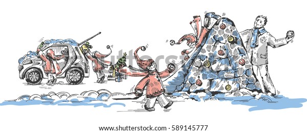 Winter holidays. Child plays with his father\
in snowball fight. The child slides down the snow mountain. Child\
loads in the car gifts and new years tree. Winter dwarfs. Gnome.\
Hand drawn illustration