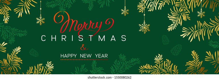 Winter holidays or Christmas background with branches and snowflakes. New year illustration. Winter banner design.