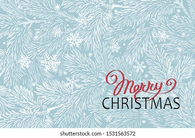 Winter holidays or Christmas background with pine branches and snowflakes. New year illustration. Winter card design.