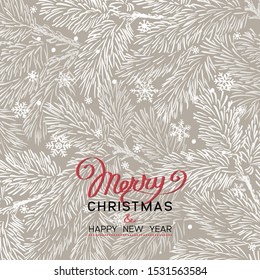 Winter holidays or Christmas background with pine branches and snowflakes. New year illustration. Winter card design.