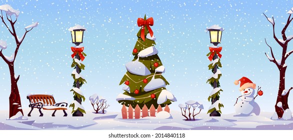 Winter holidays Christmas landscape, street decorations in snow. Vector white snowy trees, decorated lanterns with garlands and red bow, New Year tree with toys, snowman in red hat, bench and fence