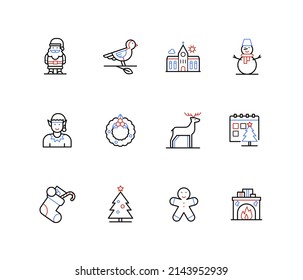 Winter holidays and Christmas - line design style icons set with editable stroke. New Year decorations. Spruce wreath, Santa, deer, fireplace with socks, elf, snowman, deer, calendar, Eve and December