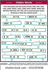 Winter, winter holidays, Christmas, New Year, word game or word puzzle (English language). Answer included. 