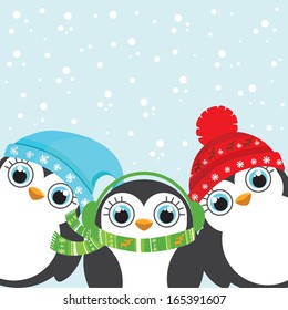 Winter holidays Christmas and New Year postcard. Three little cute cartoon penguins wearing warm cap and the scarf. Snow on the background. Vector illustration.