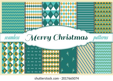 Winter holidays, Christmas and New Year seamless patterns set. For web background, wrapping paper, banner, card, wallpaper, birthday invitation. Scandinavian Christmas design concept.
