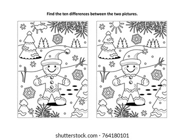 Winter holidays, Christmas or New Year themed find the ten differences picture puzzle and coloring page with ginger man cookie.