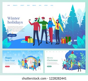 Winter holidays, Christmas vacation of people web pages set. Man and woman celebrating event, presents decorated with ribbons and bows, pine wood