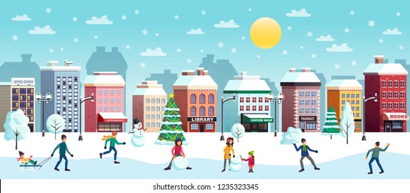Winter holidays city snowy landscape flat horizontal banner with christmas tree snowman snowballs fight buildings vector illustration