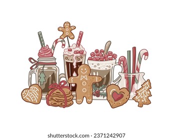 Winter holidays cocktails, hot drinks and gingerbread cookies on white background. Vector illustration.