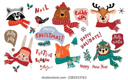 Winter holidays collection with cute cartoon animals in scarves and hat.Funny characters head and hand lettering set.Warm accessories,holly,red berries and twigs.Vector seasonal isolated illustration.