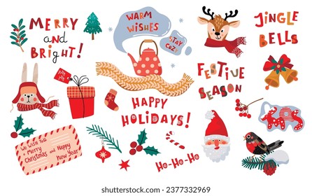 Winter holidays collection of hand-written greetings,wishes and cute funny characters.Colorful set of things for good mood.Bird, Santa, hare, deer, gift, bells, scarf, sock,holly.Vector  illustration.