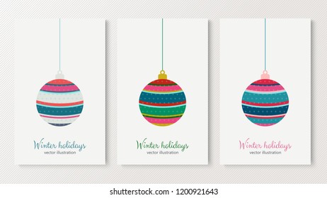 Winter holidays colorful decoration ball with stars texture set. Vector illustration.
