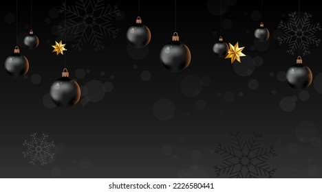 Winter holidays concept. Happy New Year lettering template. Greeting card invitation with gold snowflakes and christmas balls on black background with copy space. Greeting card. Vector illustration