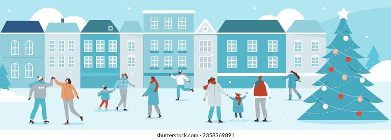 Winter holidays concept. Happy people skating on the outdoor ice rink in city street together. Women, men and children having fun. Vector illustration