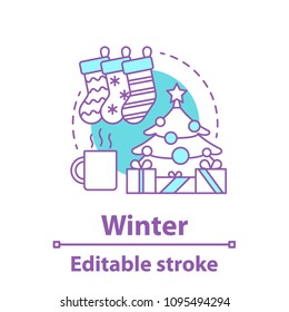 Winter holidays concept icon. New Year and Christmas idea. Thin line illustration. Fir tree, gifts, Christmas socks, hot drink. Vector isolated outline drawing. Editable stroke
