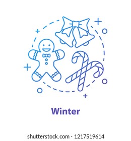 Winter holidays concept icon. New Year or Christmas party decoration idea. Thin line illustration. Gingerbread, candy cane, bells. Vector isolated outline drawing