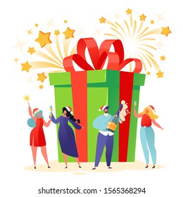 Winter holidays concept. New Year and Christmas celebration. Large beautiful gift box around which gathered tiny flat people. Happy characters drink champagne, raise hands with glasses and sparklers.