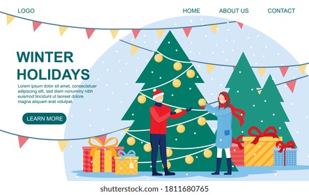 Winter holidays concept. A young happy couple making snowballs on the background of gift boxes and Christmas trees decorated with toys. Web page template. Flat vector illustration.