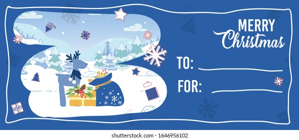 Winter Holidays Coupon or Ticket for Visiting Christmas Event, Party or Sale. Cute Reindeer Stand at Sack with Gifts and Giftbox on Snowy Landscape Background. Cartoon Flat Vector Illustration, Banner