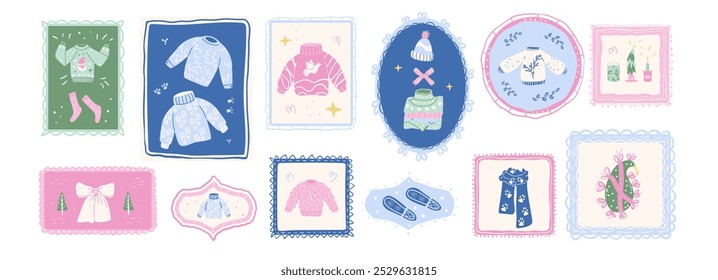 Winter holidays cozy emblems with frame. Sweaters, scarfs and baubles. Stickers with Christmas decoration. Vector hand drawn flat collection