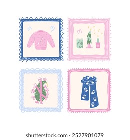 Winter holidays cozy square emblems featuring sweater, scarf and candle baubles. Stickers with Christmas decoration. Vector hand drawn flat collection