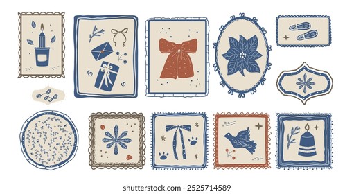 Winter holidays cozy vintage emblems with candles, bows and snowflake, poinsettia and baubles. Stickers with retro Christmas decoration. Vector hand drawn flat collection