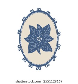 Winter holidays cozy vintage oval emblem with poinsettia in blue frame. Sticker with retro Christmas decoration. Vector hand drawn flat collection