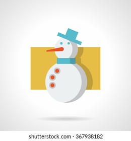 Winter holidays. Cute snowman with blue hat and scarf, red button and carrot nose. Flat color style vector icon. Element for web design, business, mobile app.
