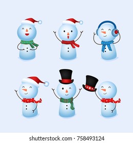 Winter holidays cute snowman collection of christmas. Cheerful snowman in different poses. Snowman with hat earmuffs and scarf. Merry christmas and Happy new year. Cartoon Vector Illustration.