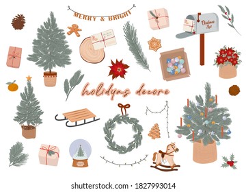 Winter holidays decor elements in Scandinavian style. Cozy hygge elements. Editable Vector Illustration.
