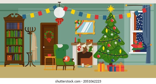 Winter holidays decorated living room interior flat style vector illustration. Sitting room scene with fireplace, door, window, bookcase with Christmas items: xmas tree, garlands, socks, gifts, wreath