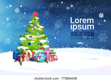 Winter Holidays Decoration Design Christmas Tree On Banner With Copy Space Flat Vector Illustration