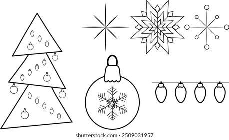 Winter holidays decoration vector illustrations set vector elements. Traditional Christmas tree snowflakes ball garland Simple Xmas ornaments isolated on white background Holiday winter decoration