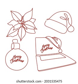 Decoración de vacaciones de invierno conjunto de ilustraciones lineales vectoriales. Símbolos de la temporada navideña. Los iconos de los contornos negro y rojo se empaparán sobre fondo blanco. Copo de nieve, presente clipartes aislados. Decoración festiva de Año Nuevo